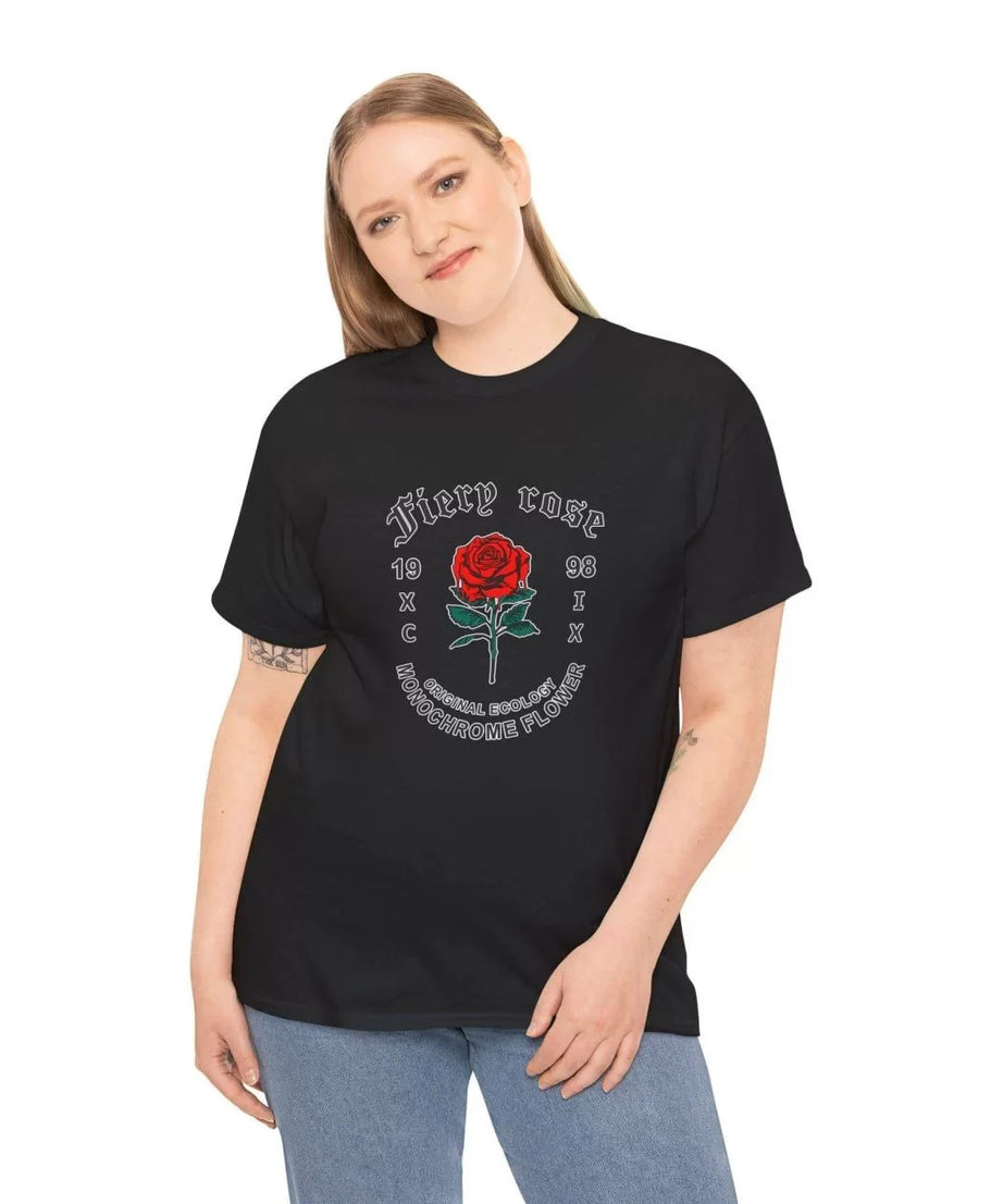 UniGucso Kadın Bisiklet Yaka Fiery Rose Baskılı T-Shirt - Siyah