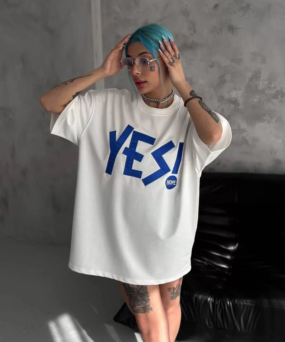 Gucso Kadın Mavi Renk YES! Yazı Nakış İşlemeli T-Shirt - Beyaz