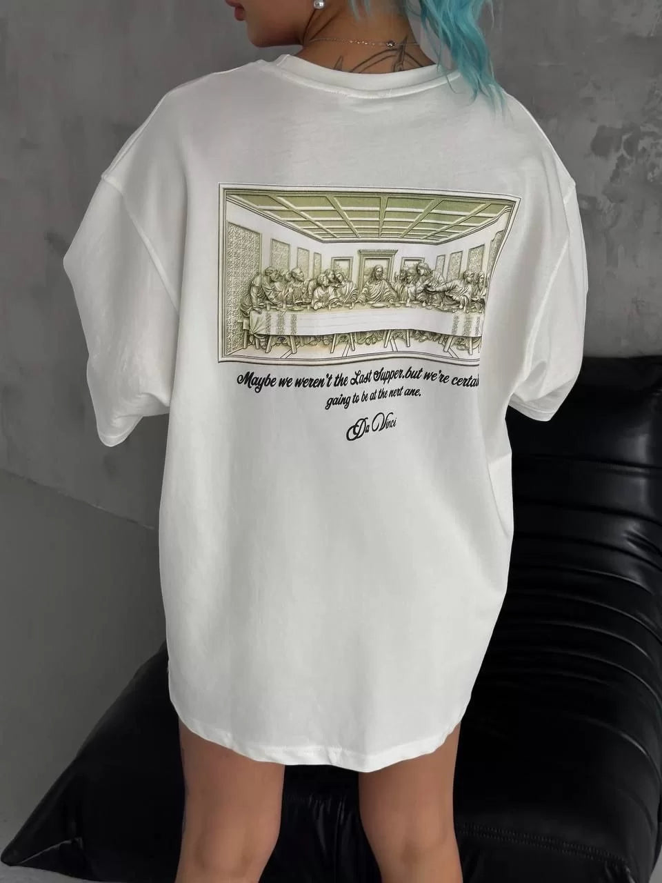 Gucso Kadın Da Vinci Yazılı ve Tablo Baskılı Oversize T-Shirt - Beyaz