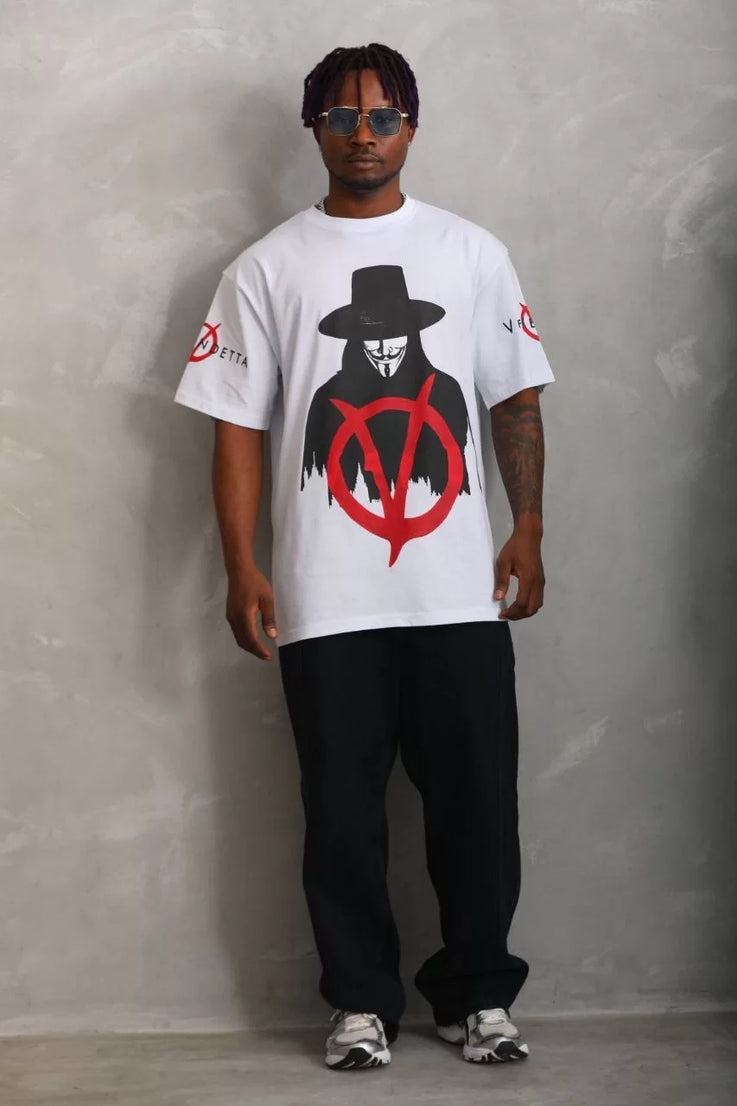 Gucso Erkek V For Vendetta Oversize Baskılı Bisiklet Yaka T-Shirt - Beyaz