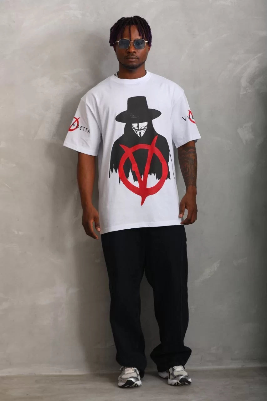 Gucso Men's V For Vendetta Oversize Printed Crew Neck T-Shirt - White 