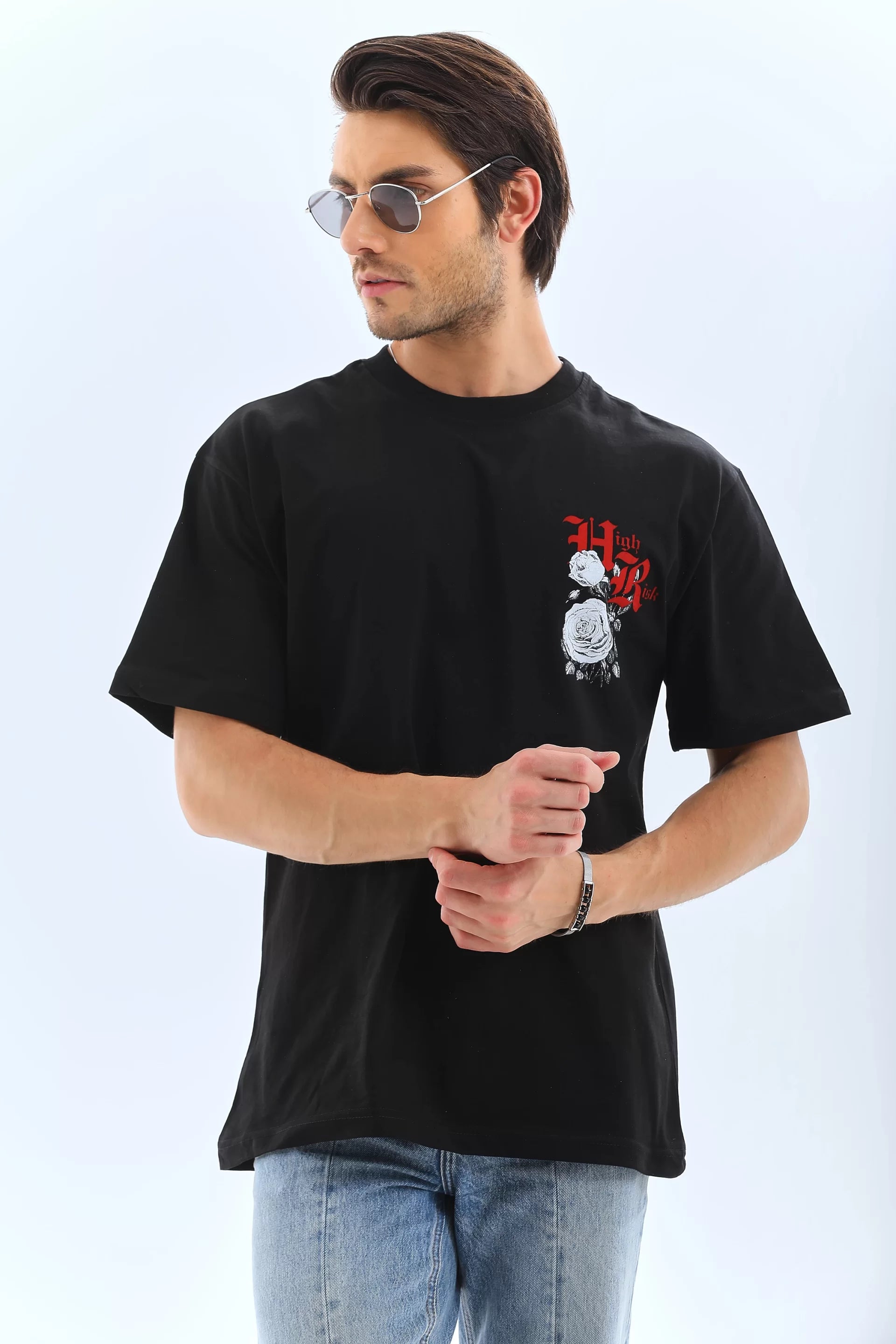 Gucso Erkek Oversize High Riski Çiçekli At Baskılı Bisiklet Yaka T-Shirt - Siyah