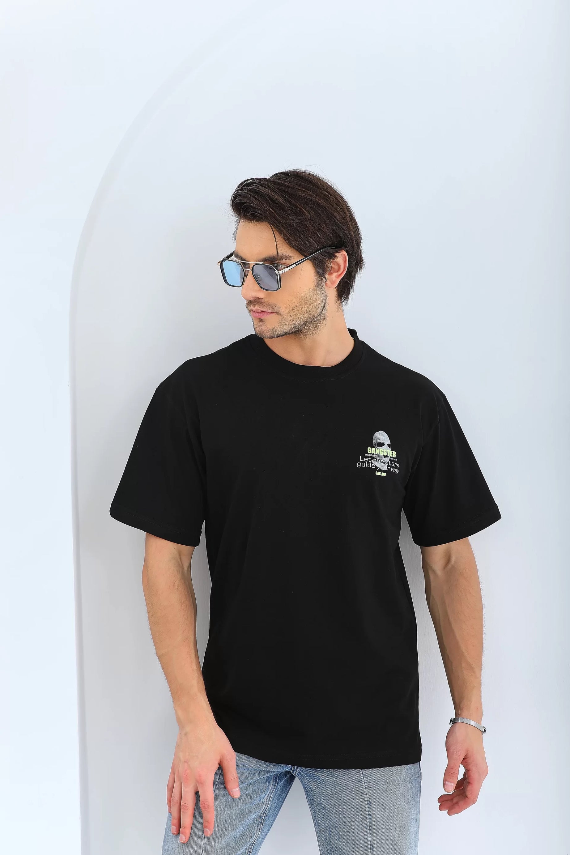 Gucso Erkek Oversize Gangster Maskeli Baskılı Bisiklet Yaka T-Shirt - Siyah