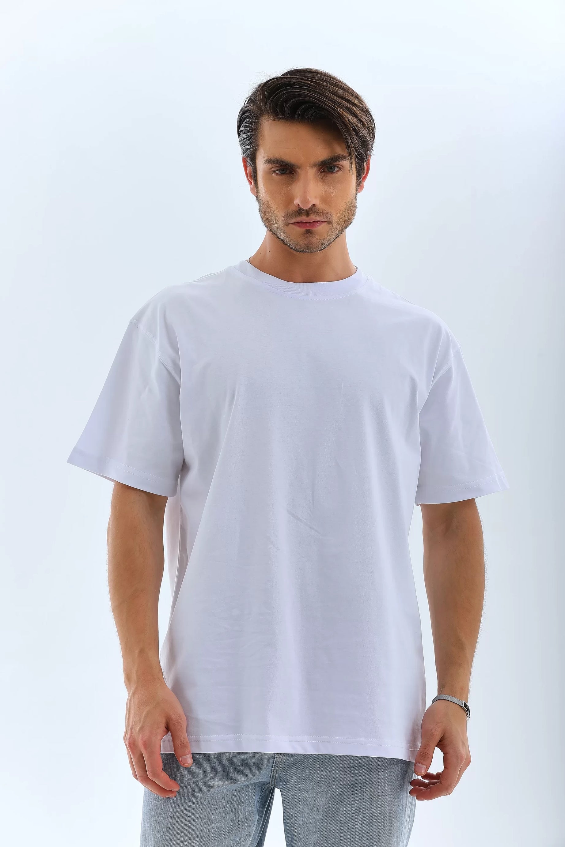 Gucso Erkek Oversize Düz Bisiklet Yaka T-Shirt - Beyaz