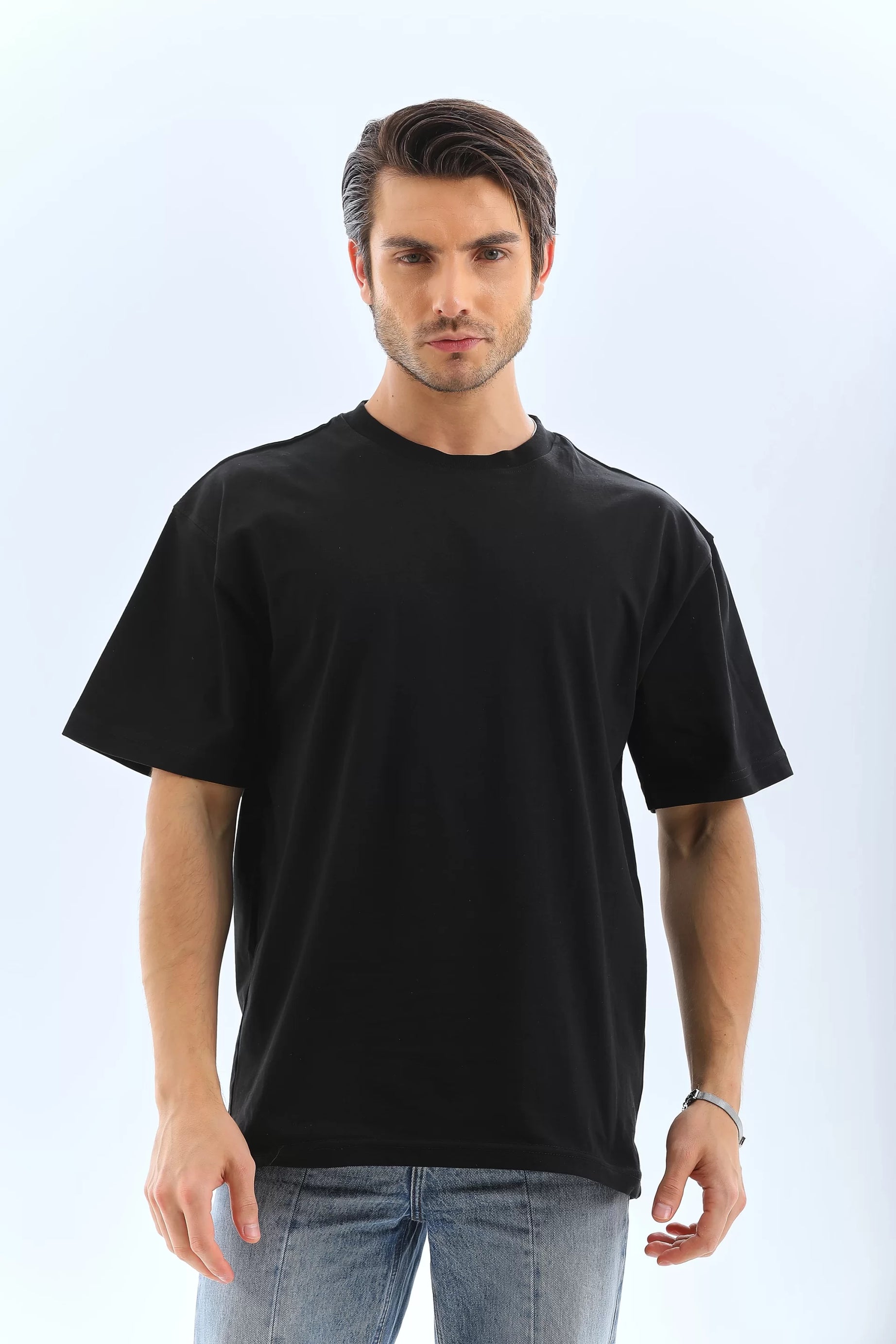 Gucso Erkek Oversize Düz Bisiklet Yaka T-Shirt - Siyah