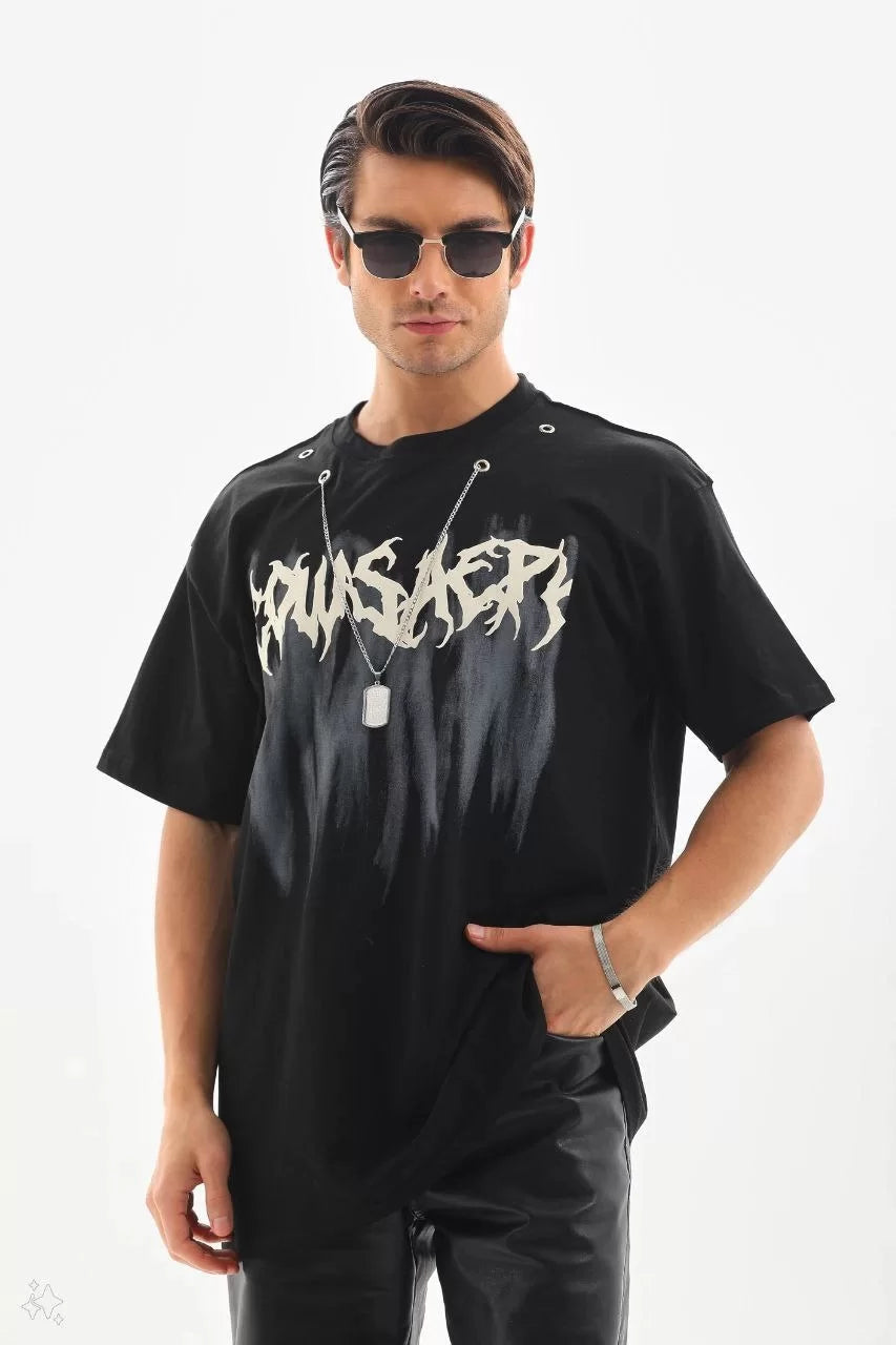 Gucso Men's Oversize Couasaepk Printed Necklace Included T-Shirt - Black 