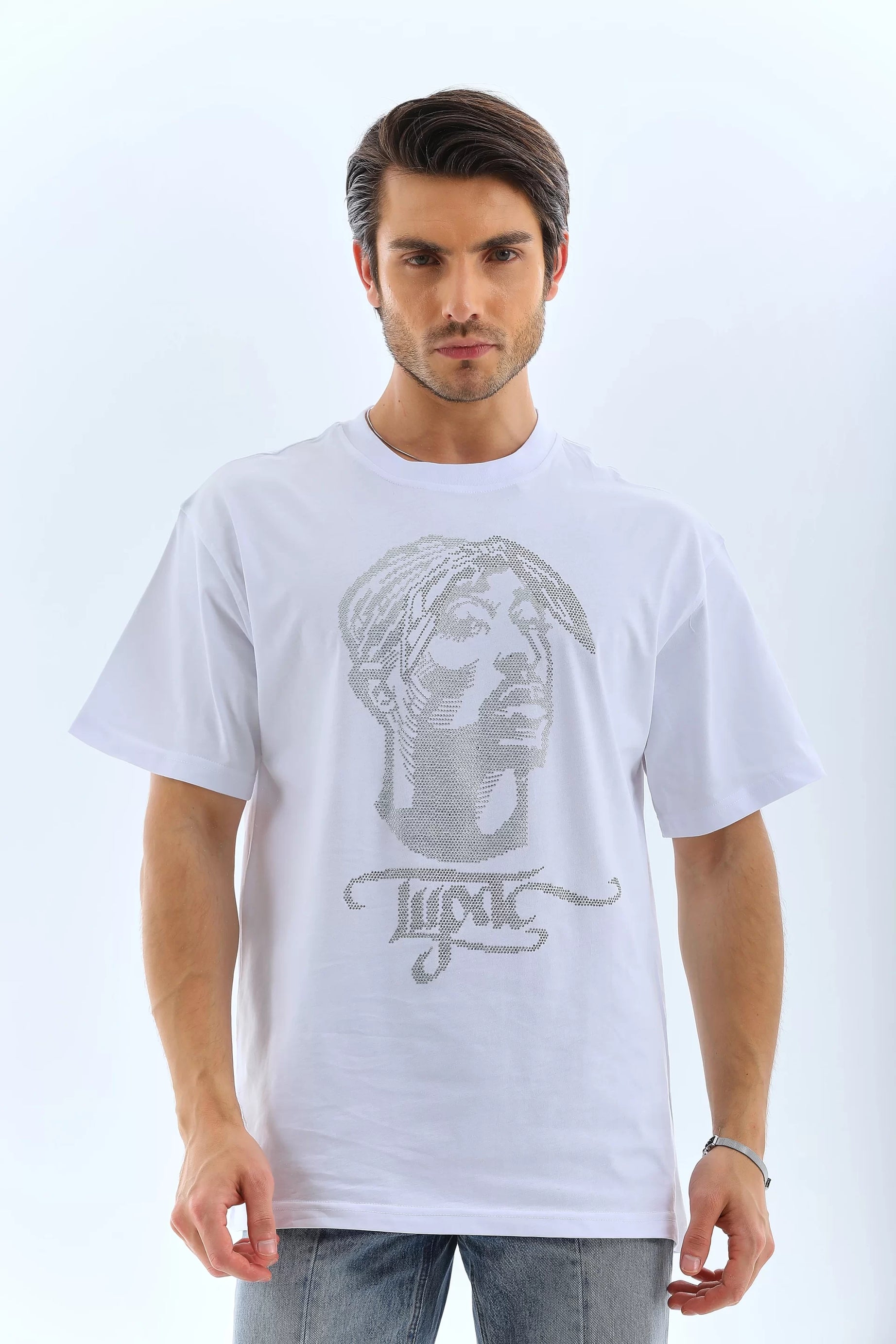 Gucso Erkek Oversize Tupac Yazılı ve Resimli Taşlı Bisiklet Yaka T-Shirt - Beyaz