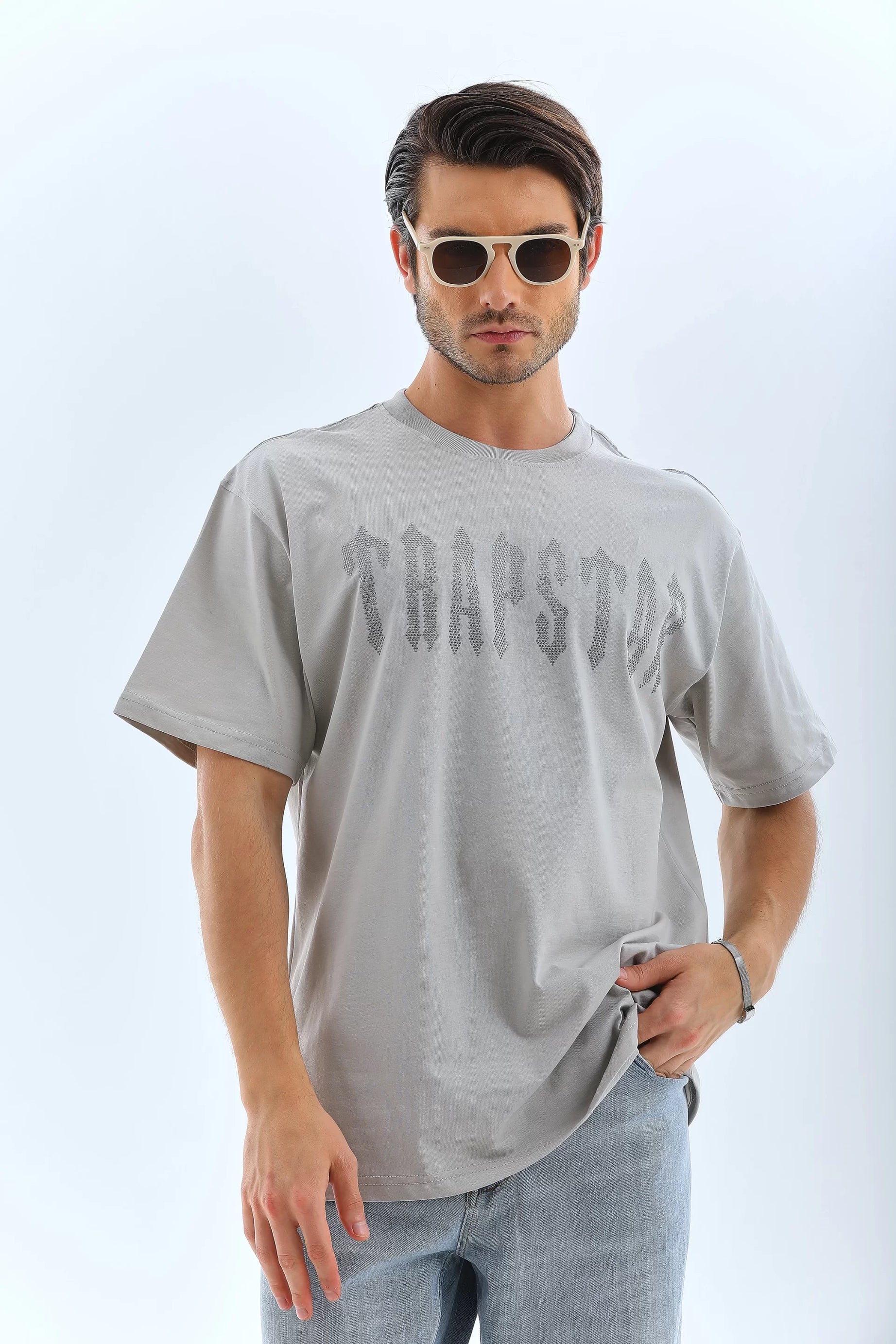 Gucso Oversize Trapstar Yazılı Taşlı Bisiklet Yaka T-Shirt - Gri