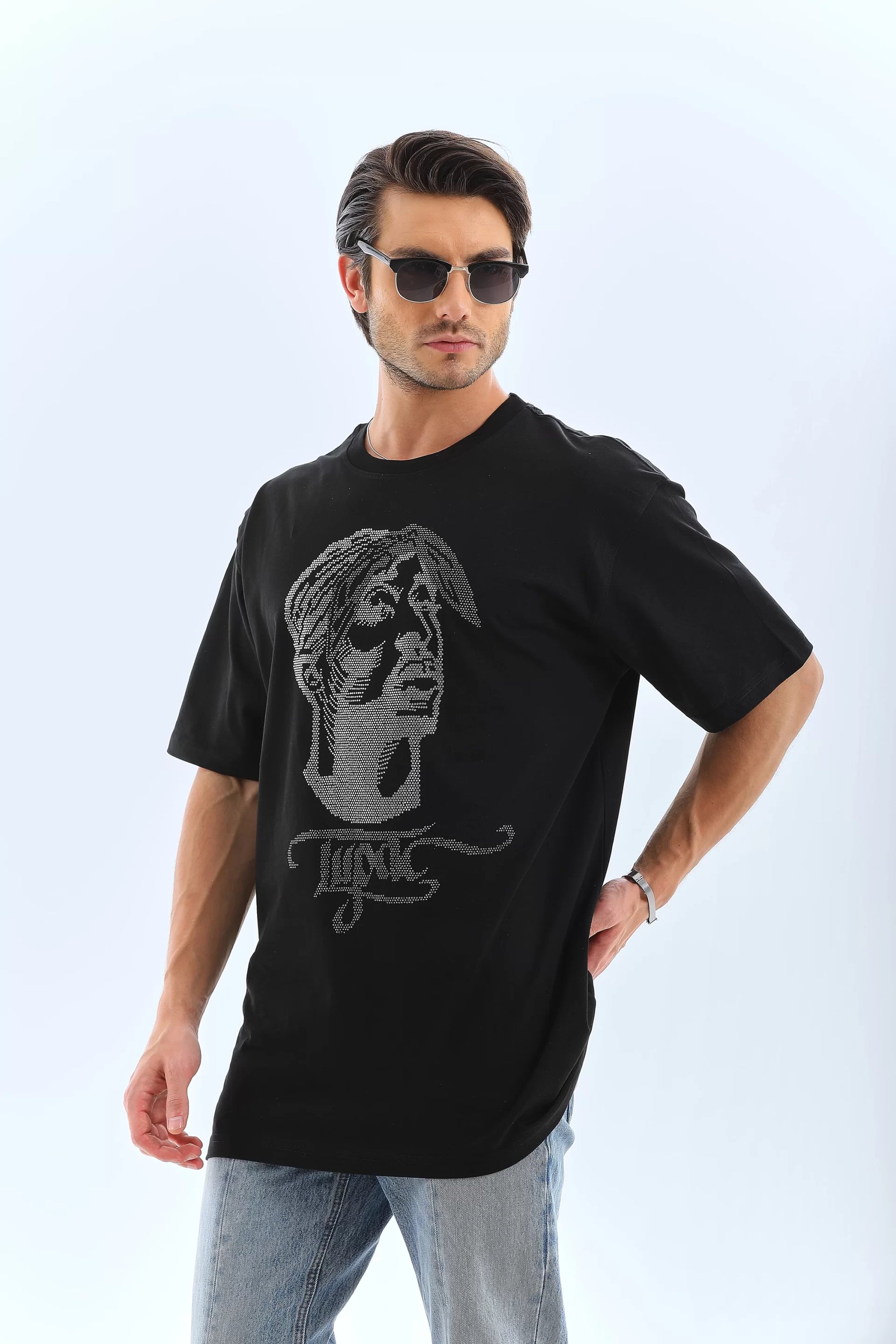 Gucso Erkek Oversize Tupac Yazılı ve Resimli Taşlı Bisiklet Yaka T-Shirt - Siyah