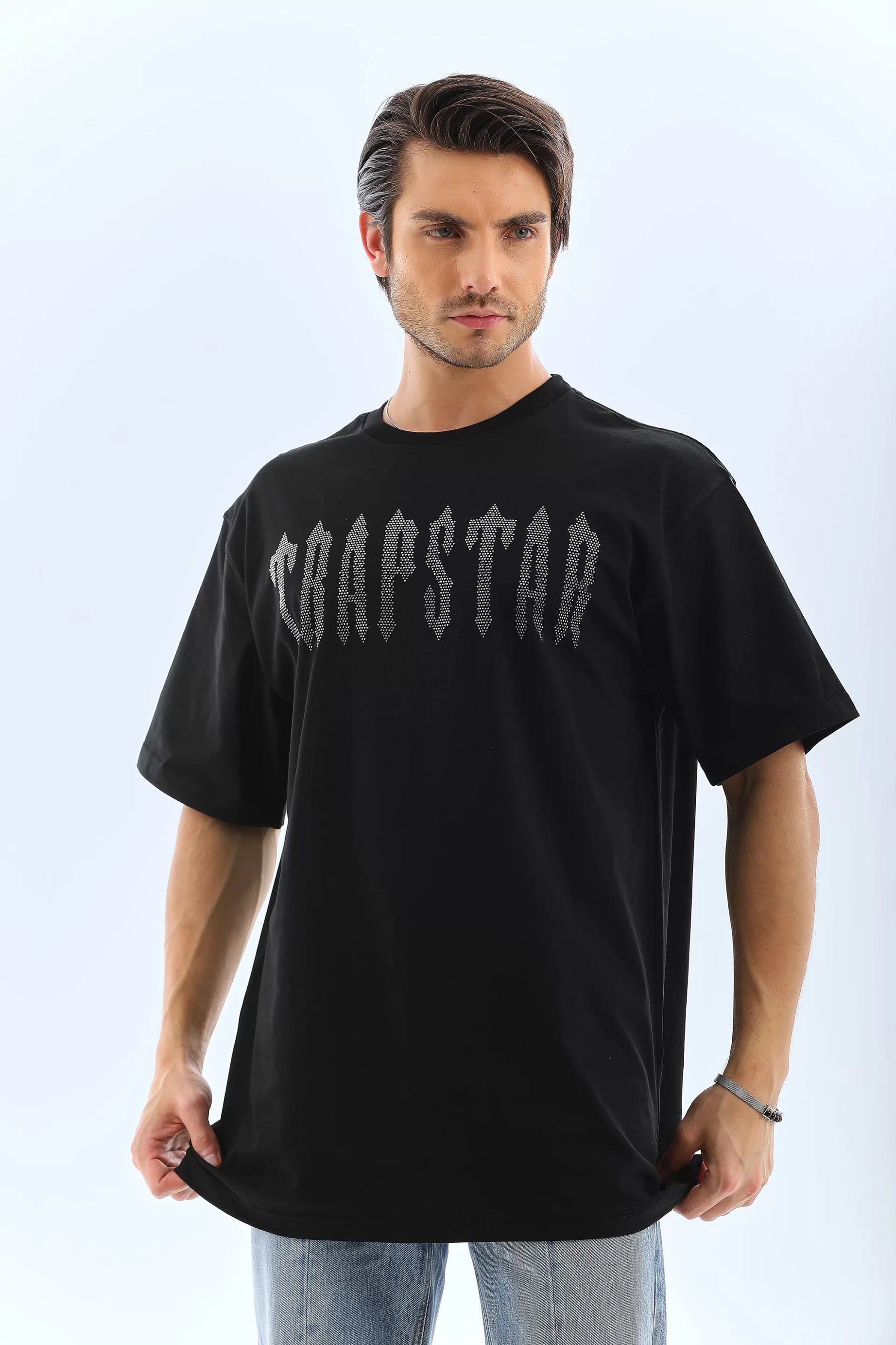 Gucso Oversize Trapstar Yazılı Taşlı Bisiklet Yaka T-Shirt - Siyah