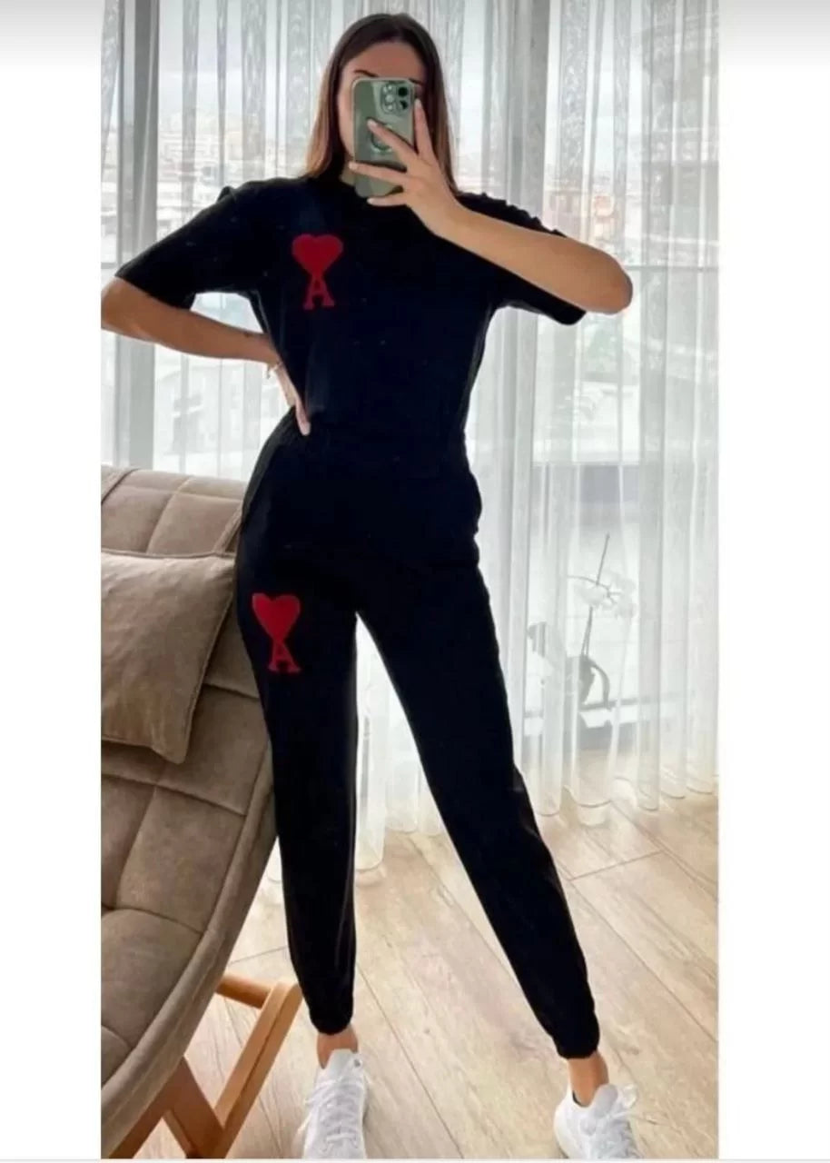 Gucso Women's Bottom Top Red Heart and Letter A Printed Elastic Leg Tracksuit Bottom Set - Black 