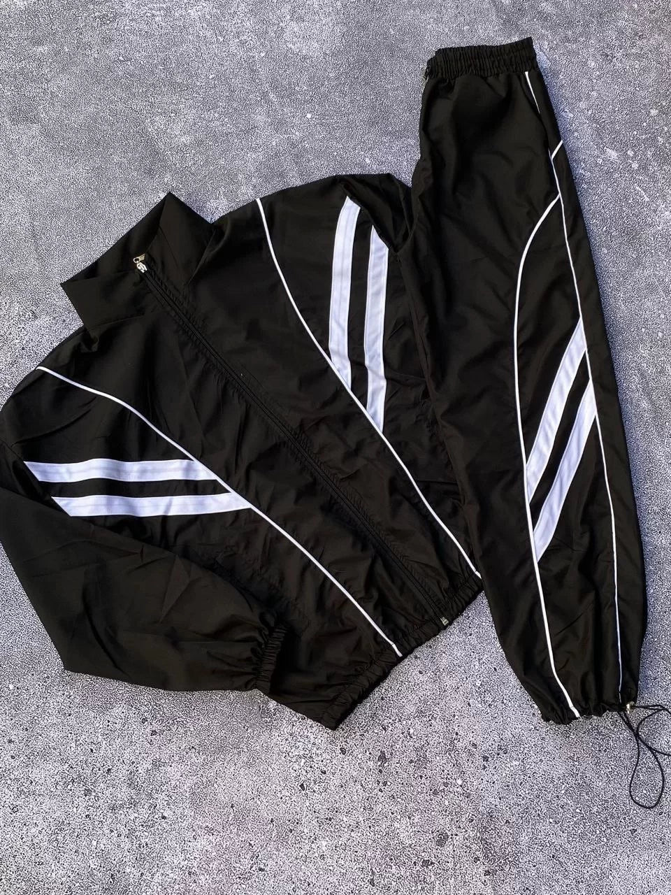 Gucso Women's Windbreaker Set with White Side Stripes - Black 