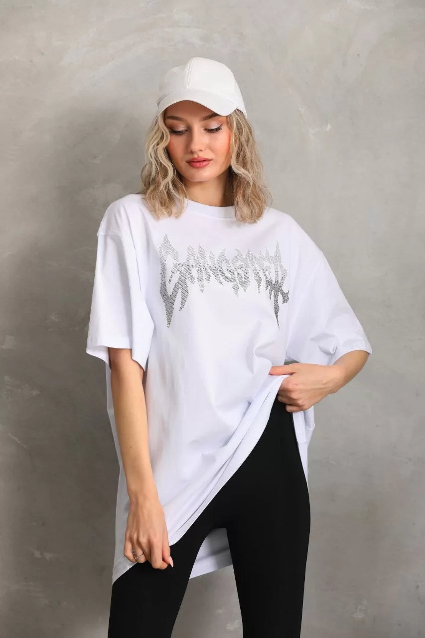 Gucso Kadın Gangster Yazı Taş Desenli Oversize T-Shirt - Beyaz