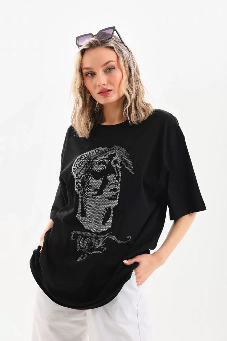 Gucso Kadın Tupac Motifli Taş Desenli Oversize T-Shirt - Siyah