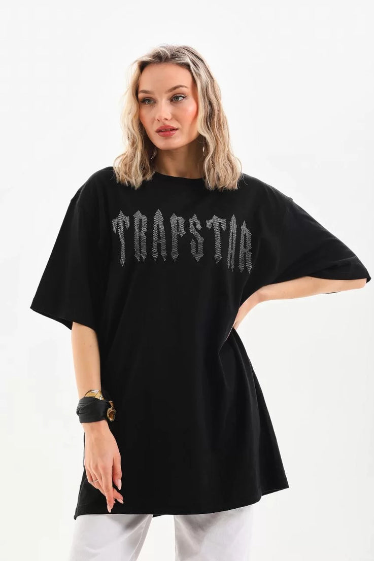 Gucso Kadın Trapstar Taş Desenli Oversize T-Shirt - Siyah