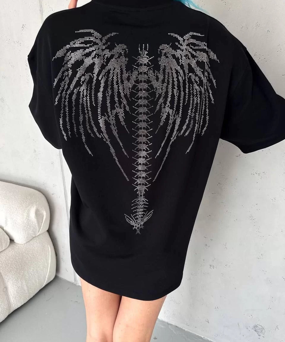 Gucso Kadın Dark Angel Yazılı Taşlı Bisiklet Yaka T-Shirt - Siyah