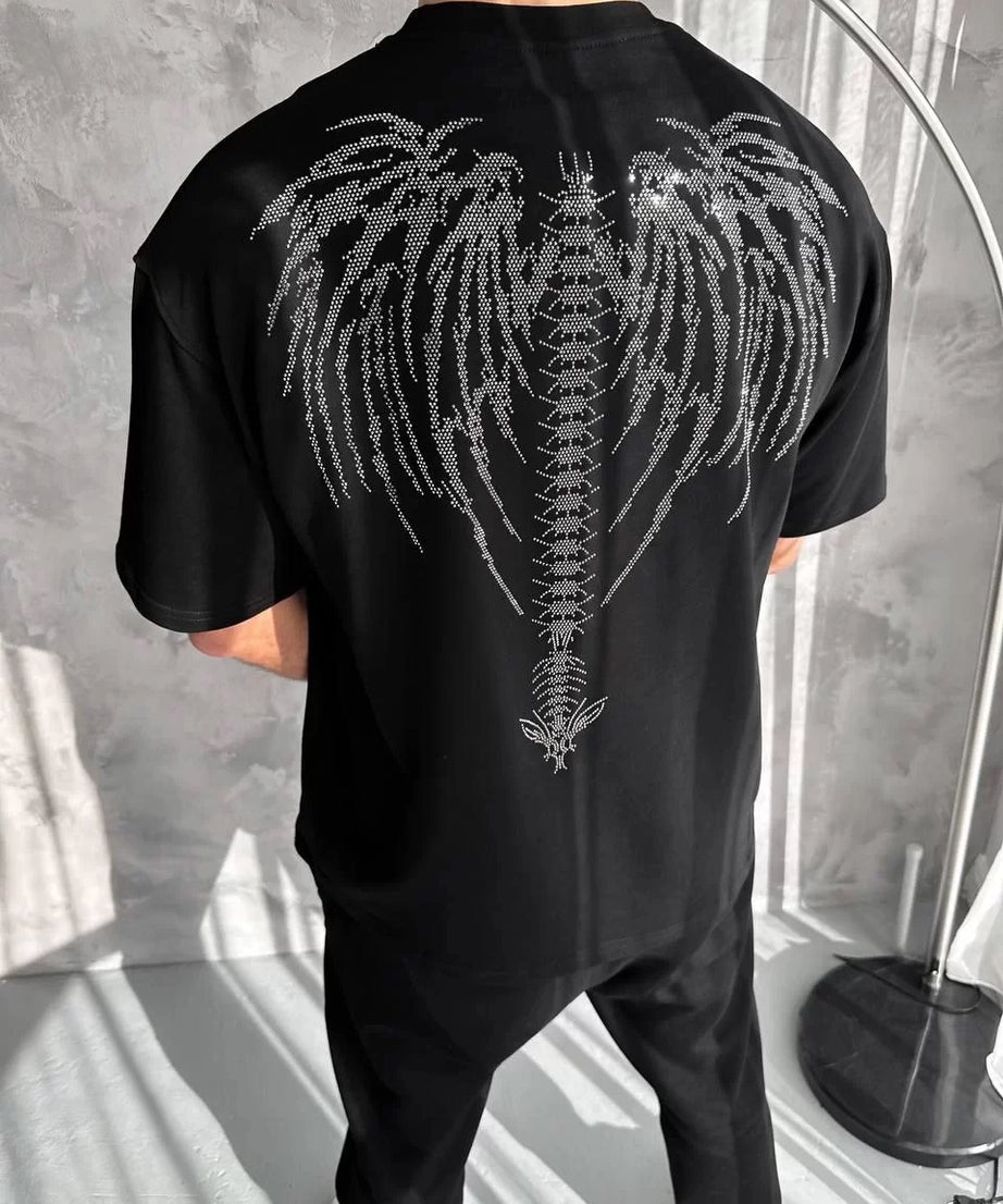 Gucso Erkek Dark Angel Taşlı Bisiklet Yaka T-Shirt - Siyah