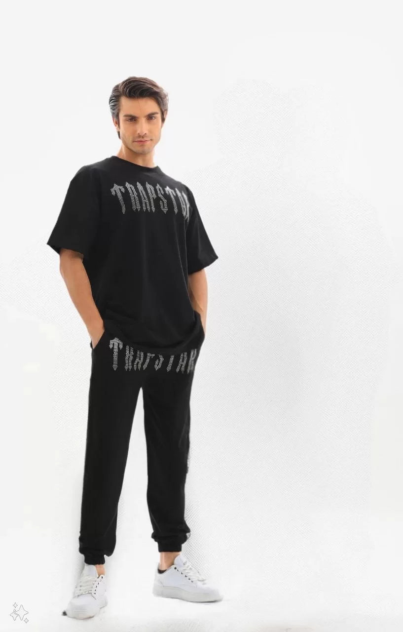 Gucso Erkek Trapstar Dijital Baskılı Taşlı T-Shirt ve Eşofman Takımı - Siyah