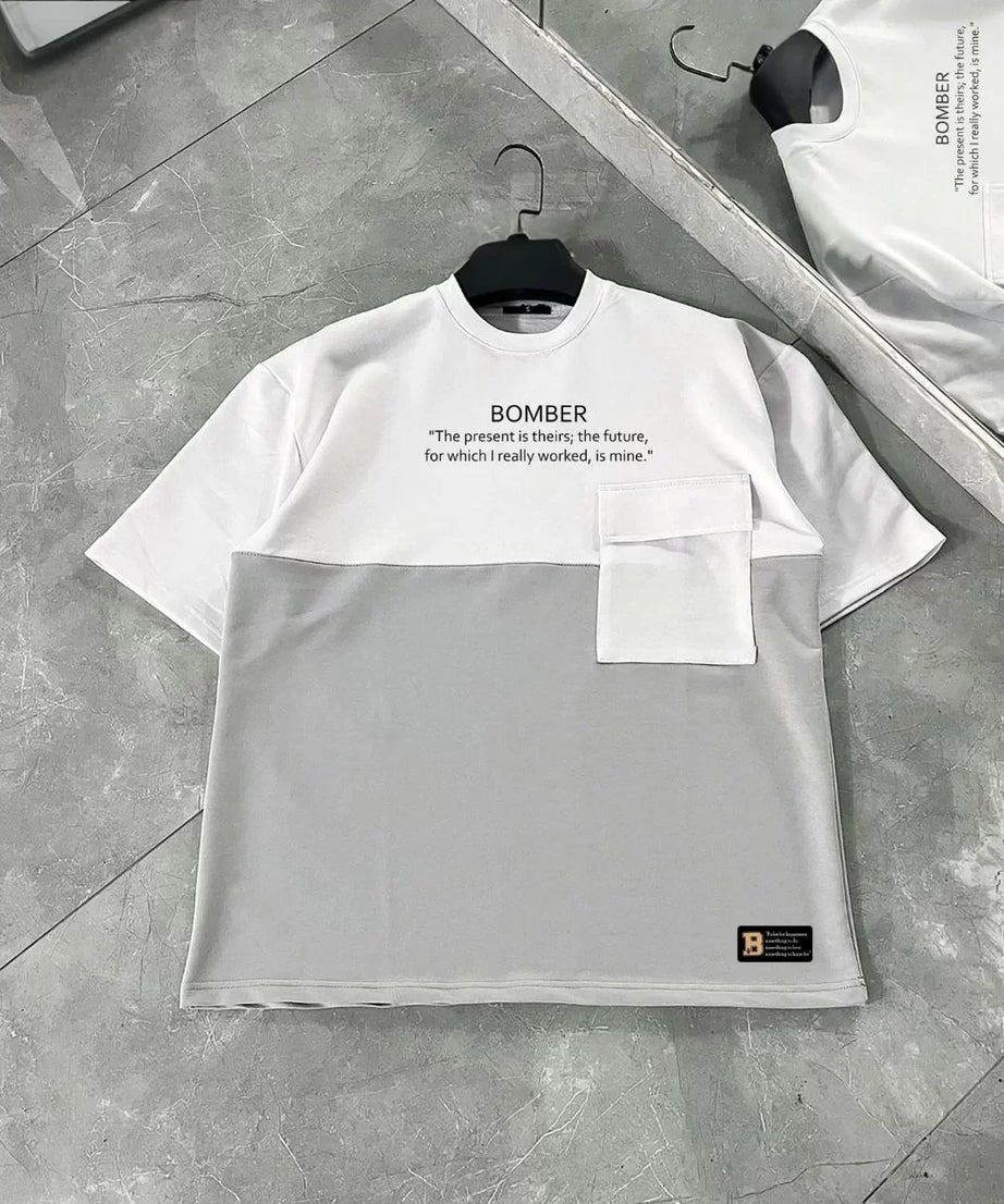 Gucso Erkek Torba Cep Detaylı Beyaz Parçalı Bomber Yazı Baskılı T-Shirt - Gri