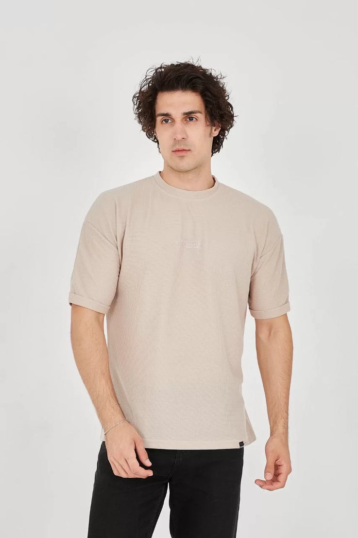 Gucso Erkek Waffle Kumaş Rahat Kol Basic T-Shirt - Bej