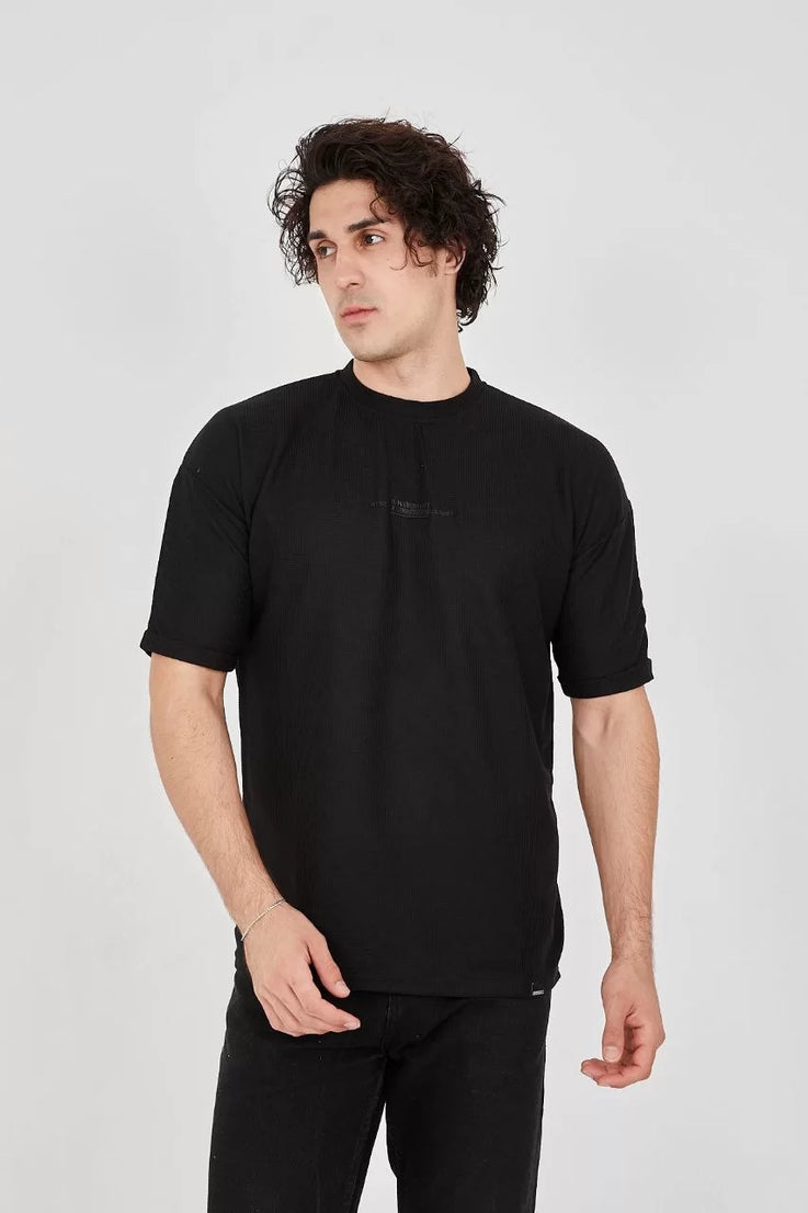 Gucso Erkek Waffle Kumaş Rahat Kol Basic T-Shirt - Siyah