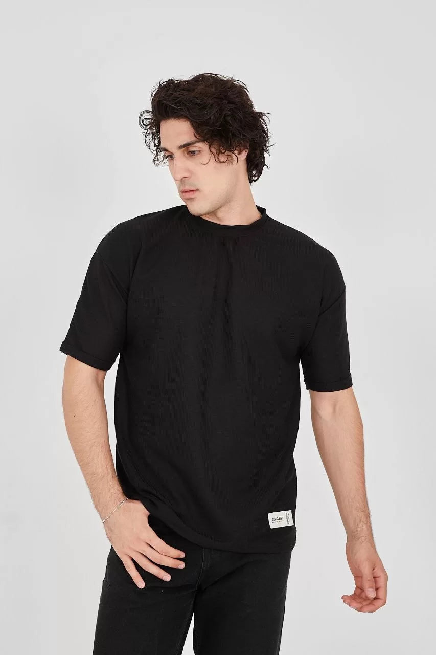 Gucso Waffle Fabric Labeled Relaxed Sleeve T-Shirt - Black 