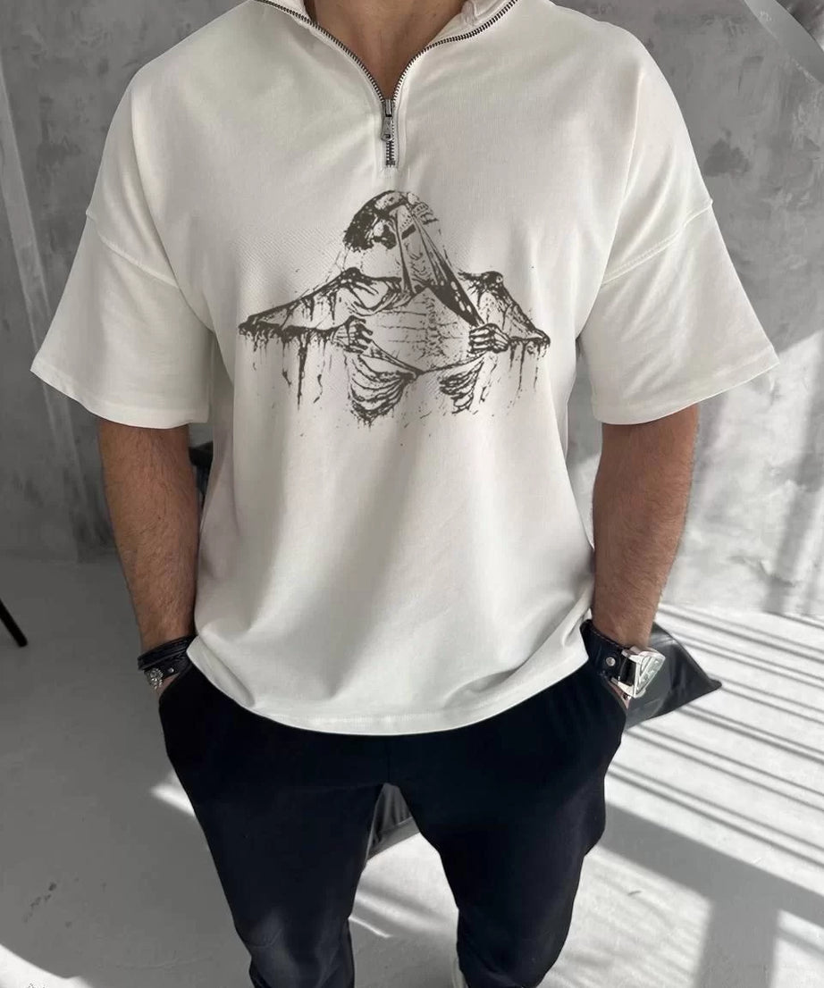 Gucso Erkek Yarım Fermuarlı Kendini Parçalayan Kuru Kafa Skull Baskılı Oversize T-Shirt - Beyaz