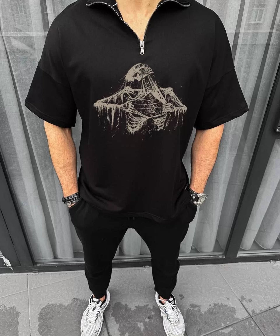 Gucso Erkek Yarım Fermuarlı Kendini Parçalayan Kuru Kafa Skull Baskılı Oversize T-Shirt - Siyah