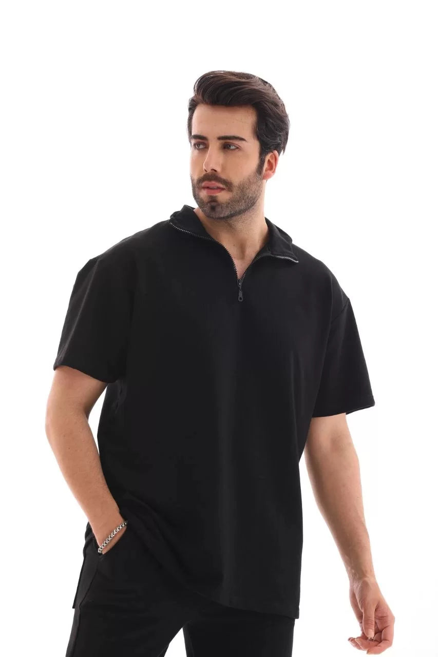 Gucso Erkek Yakalı Yarım Fermuarlı Düz Oversize T-shirt - Siyah