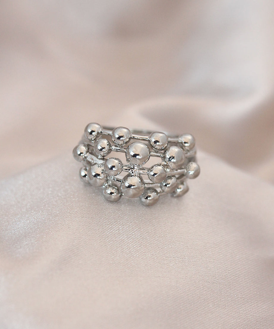 Adjustable Silver Color Metal Domed Beaded Model Ring