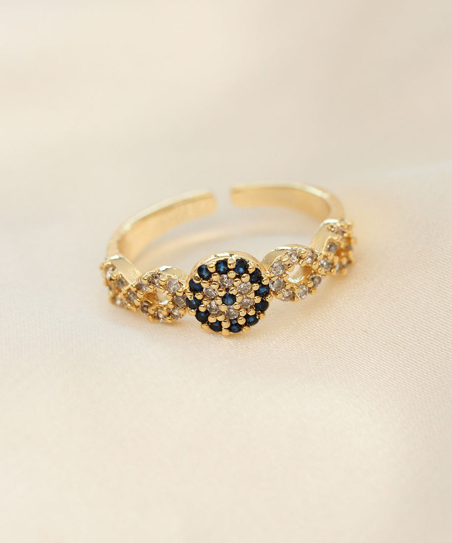 Adjustable Gold Color Evil Eye Bead Detail Zircon Stone Ring