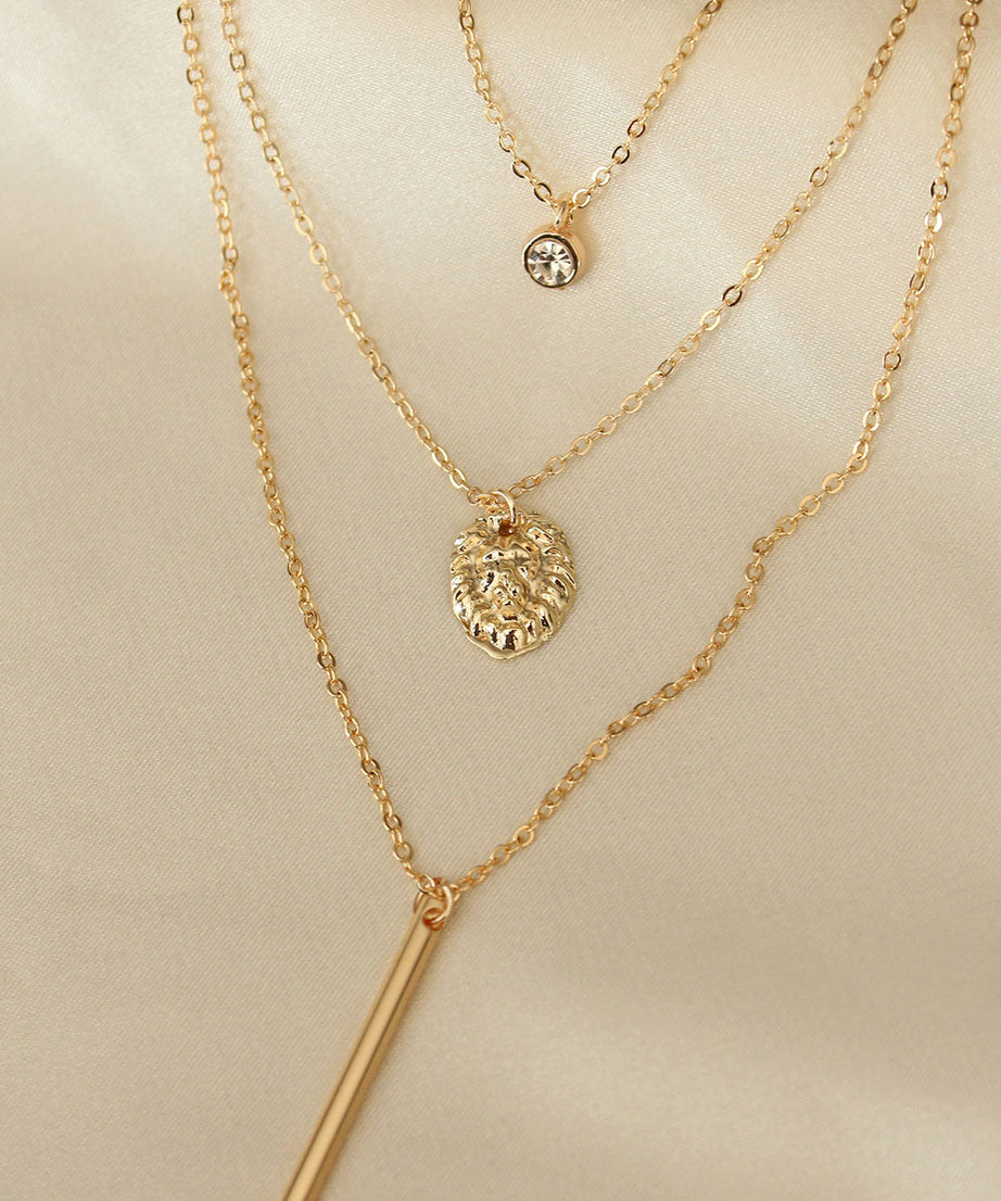 Lion Figured Zircon Stone Detail Multiple Necklace
