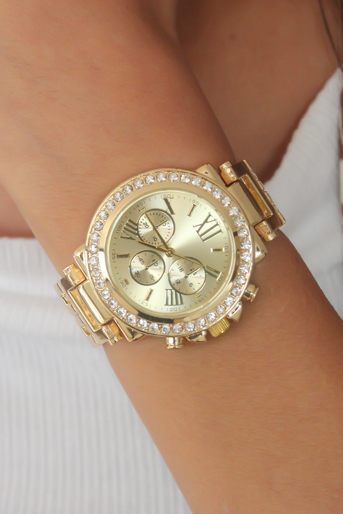 Gold Metal Case Stone Women's Wrist Watch