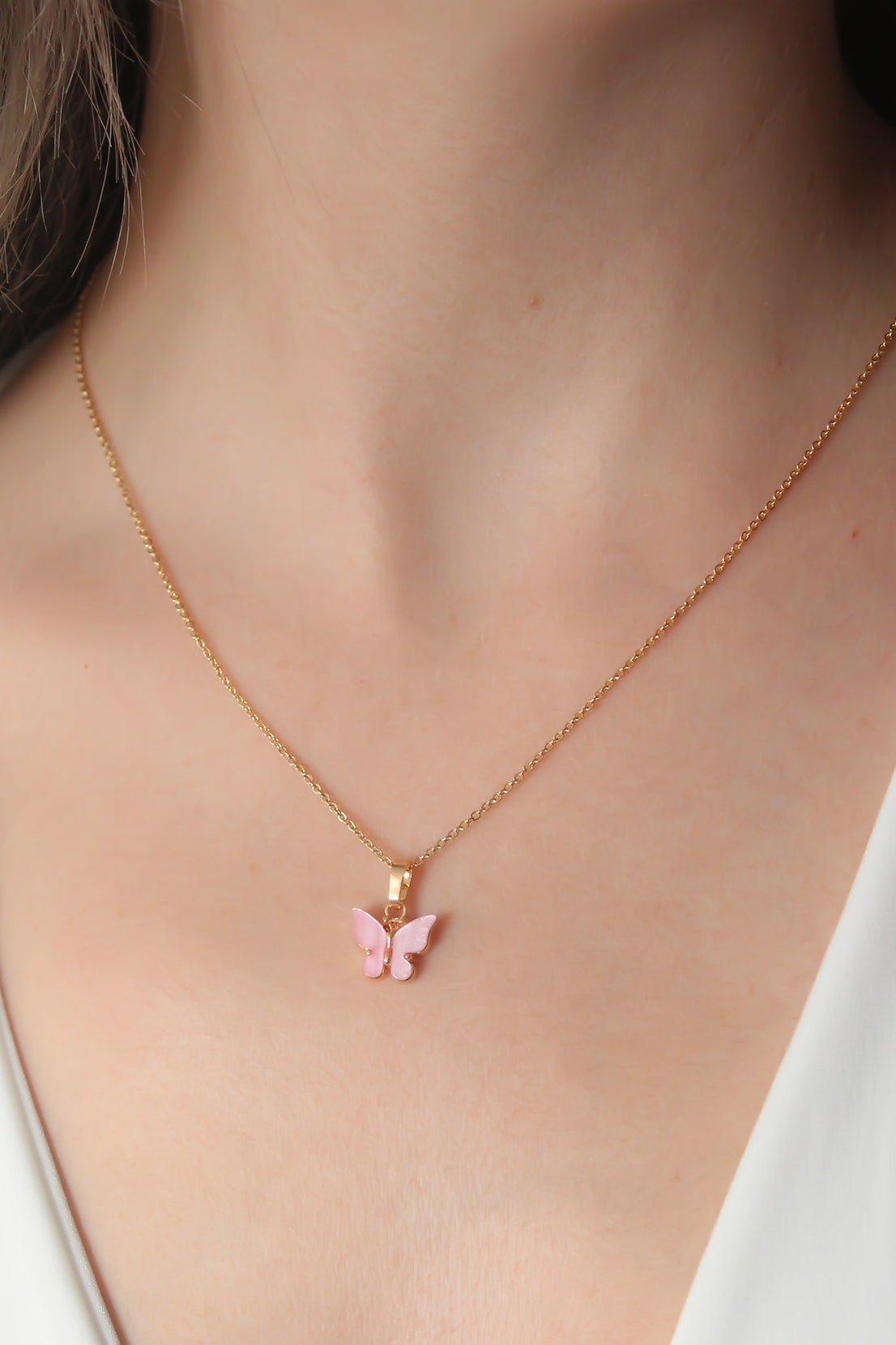 Gold Pink Color Butterfly Figure Women's Necklace