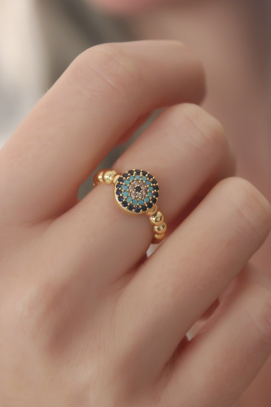 Gold Color Evil Eye Bead Figure Zircon Stone Detail Women's Ring