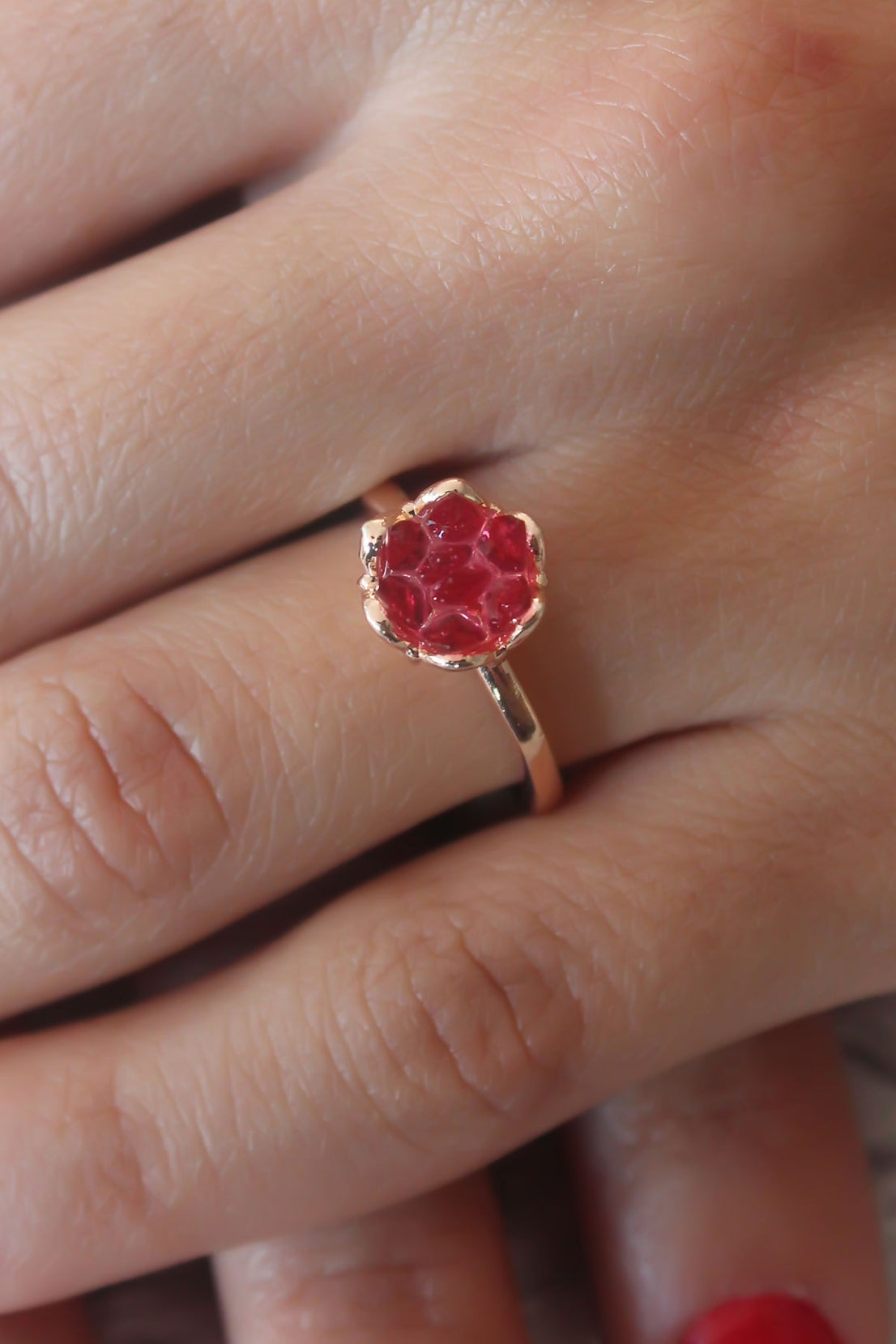 Red Lotus Flower Figure Gold Color Women's Ring