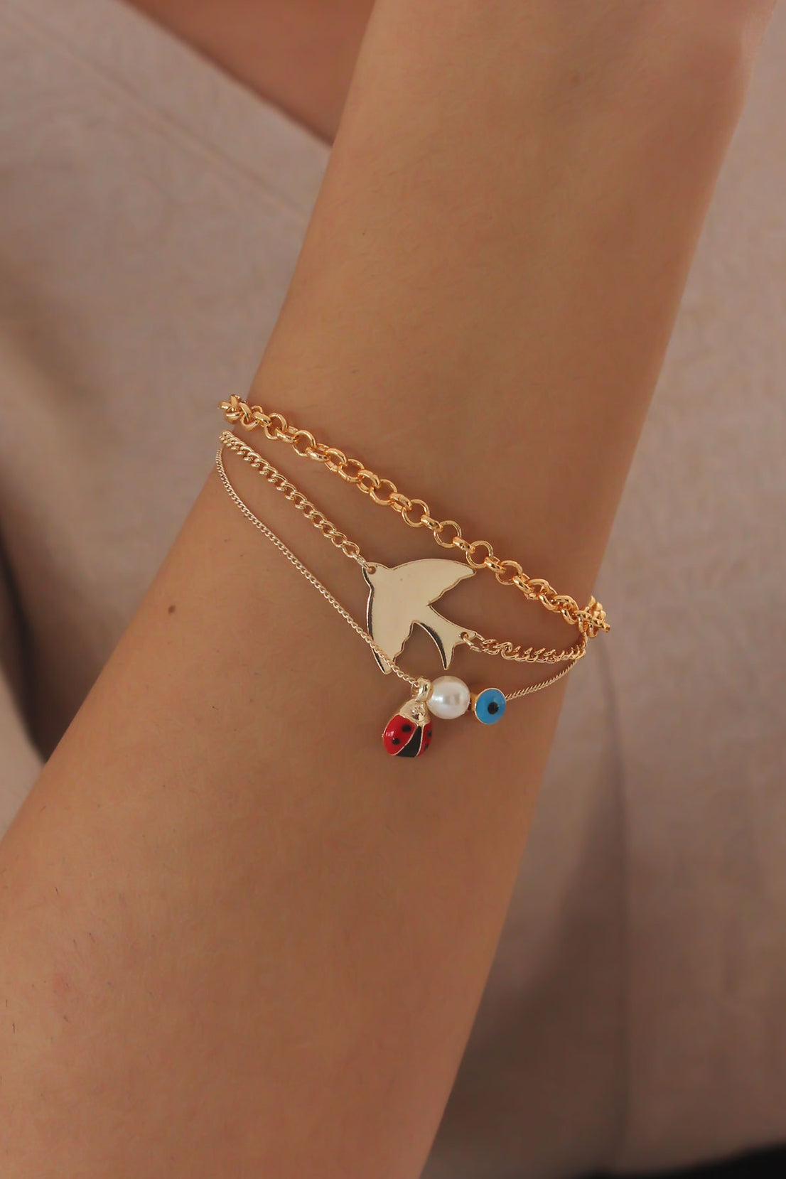 Gold Color Bird Figure Ladybug Detail 3-Piece Women's Bracelet