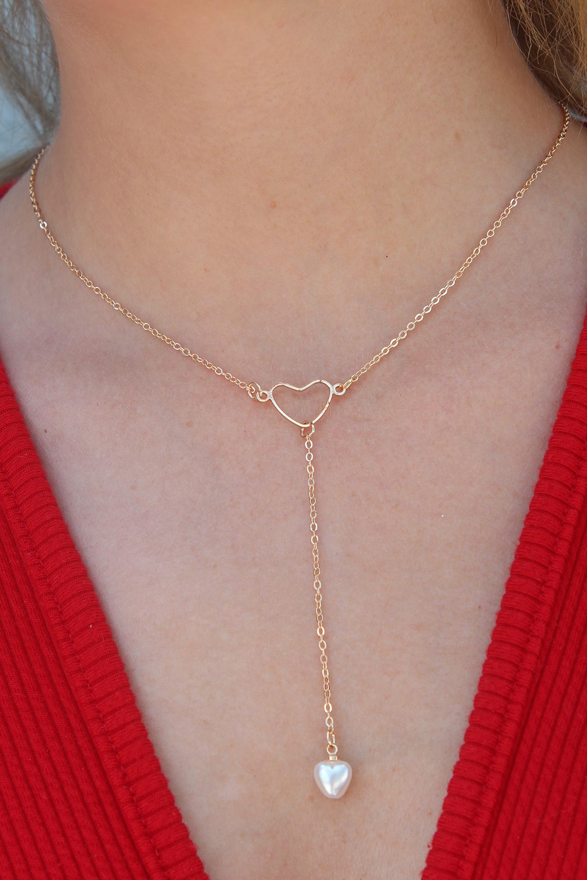 Gold Color Heart Figure Dangle Model Pearl Heart Detail Women's Necklace