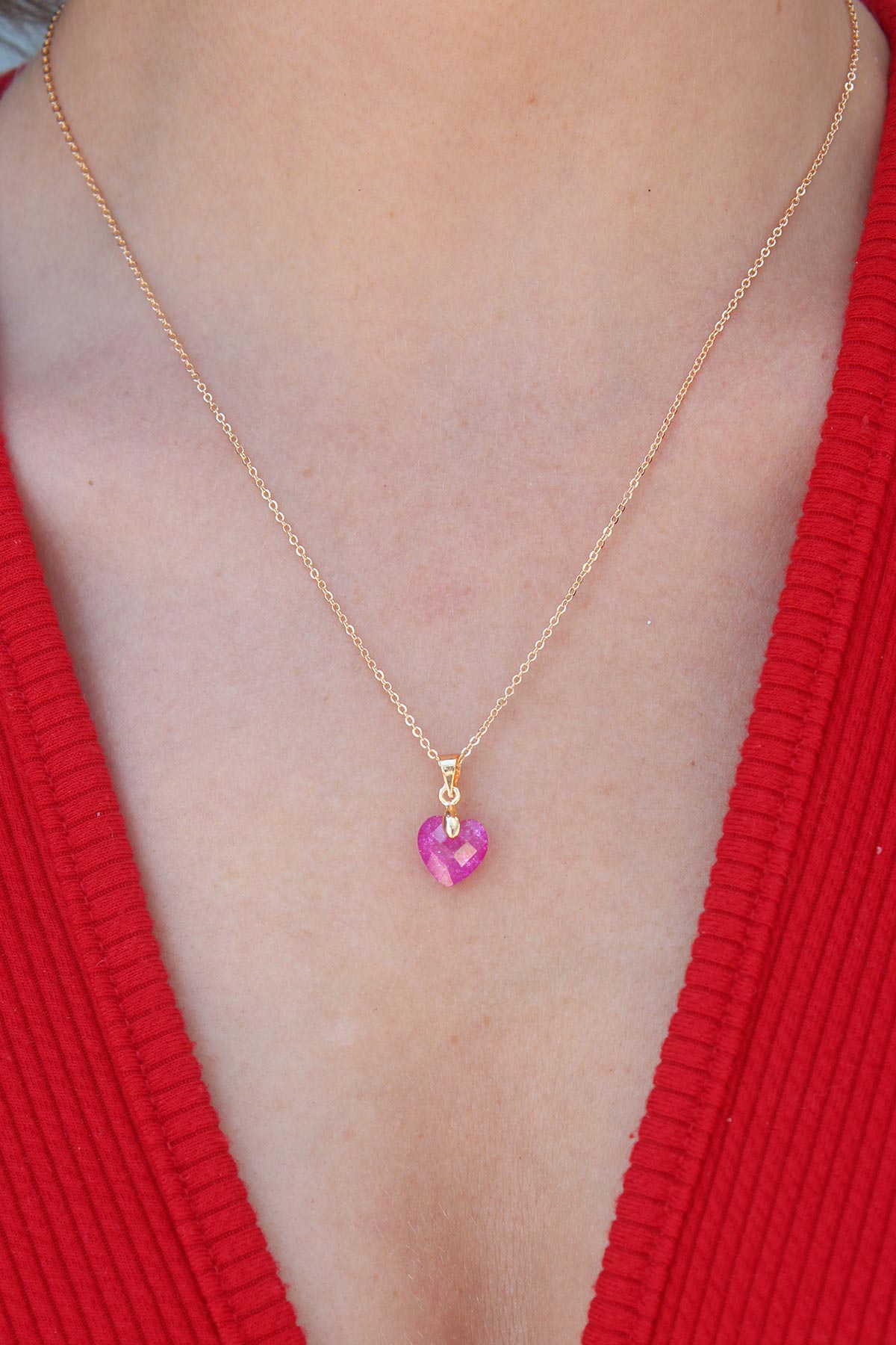 Gold Color Pink Heart Crystal Stone Women's Necklace