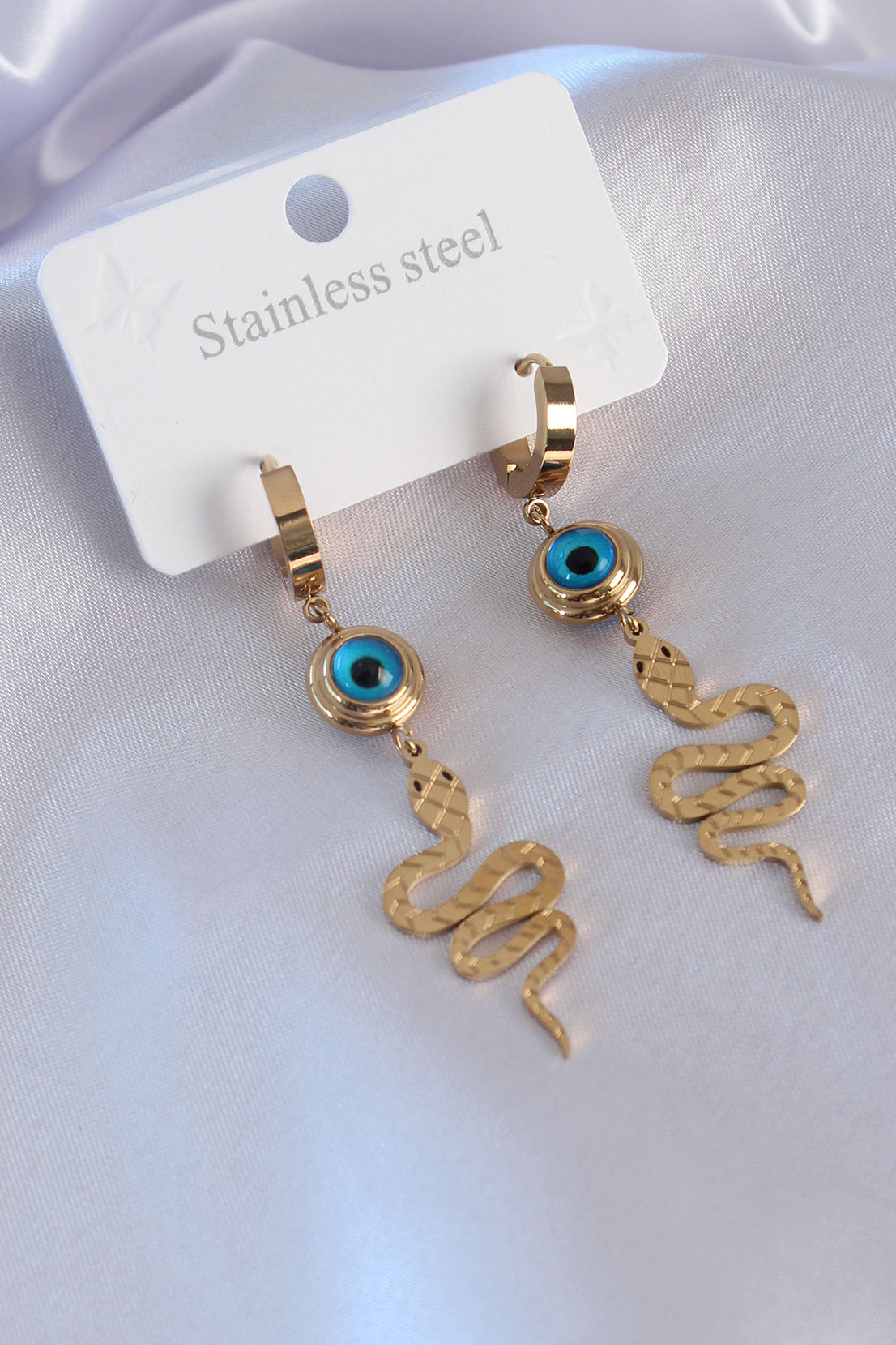 316L Steel Gold Color Snake Figure Evil Eye Bead Detail Women's Earring