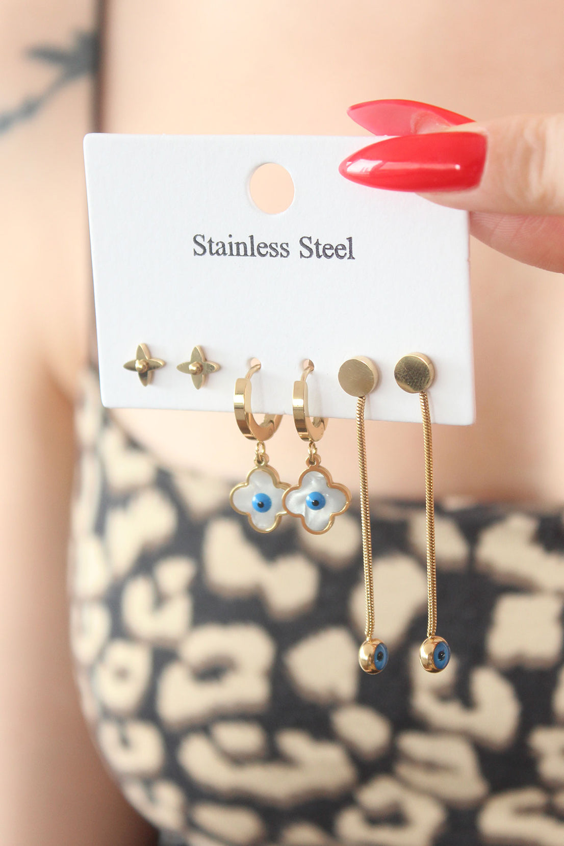 316L Steel Gold Color Clover Figure Evil Eye Bead Detail Dangle Model Women's Earring Set