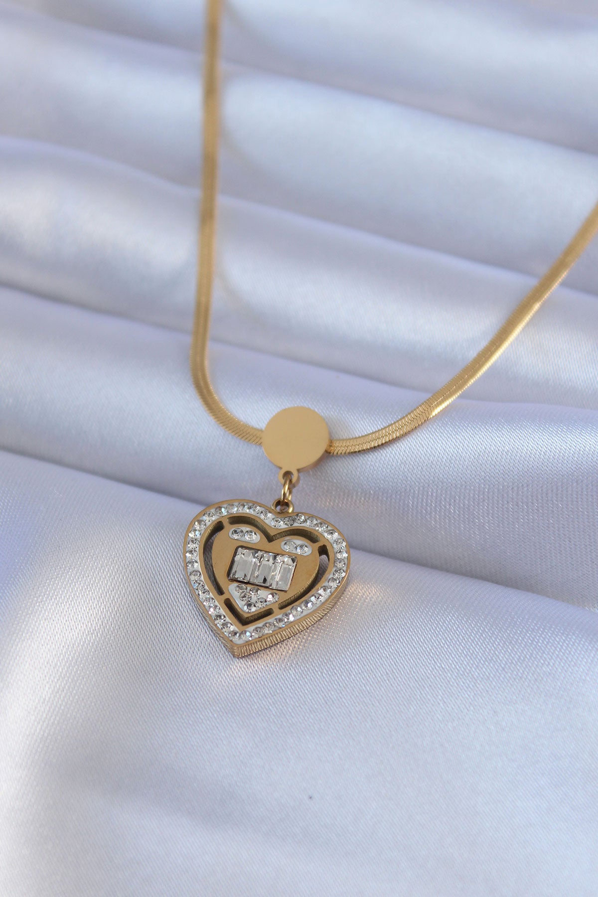 316L Steel Gold Color Italian Chain Model Zircon Stone Heart Model Women's Necklace