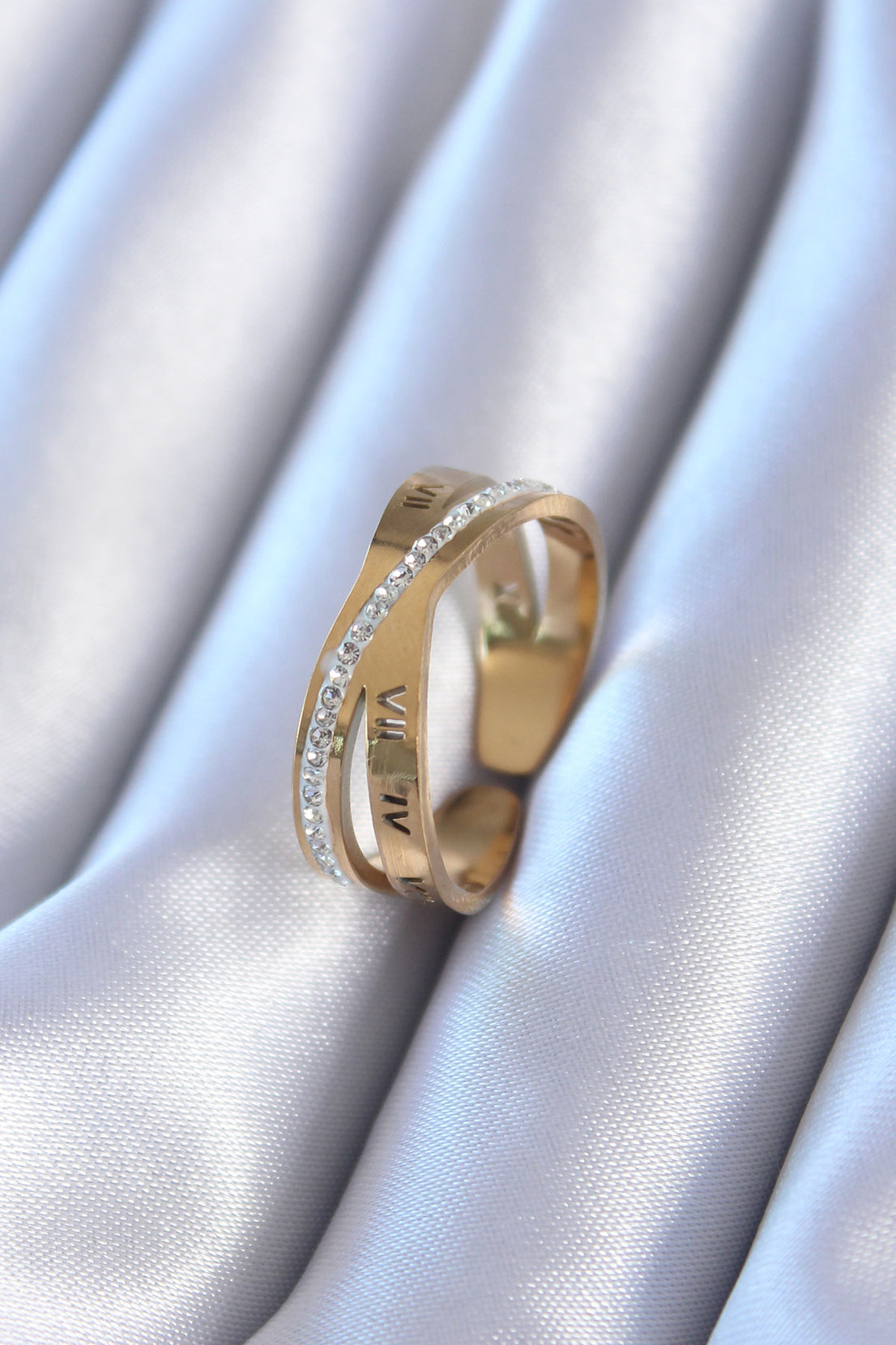 316L Steel Gold Color Zircon Stone Roman Numeral Engraving Women's Ring