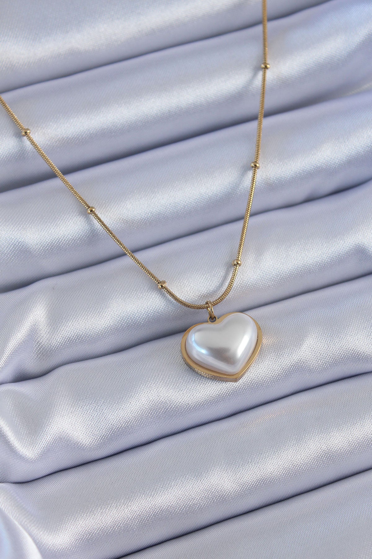 316L Steel Gold Color Pearl Heart Model Minimal Ball Detail Women's Necklace