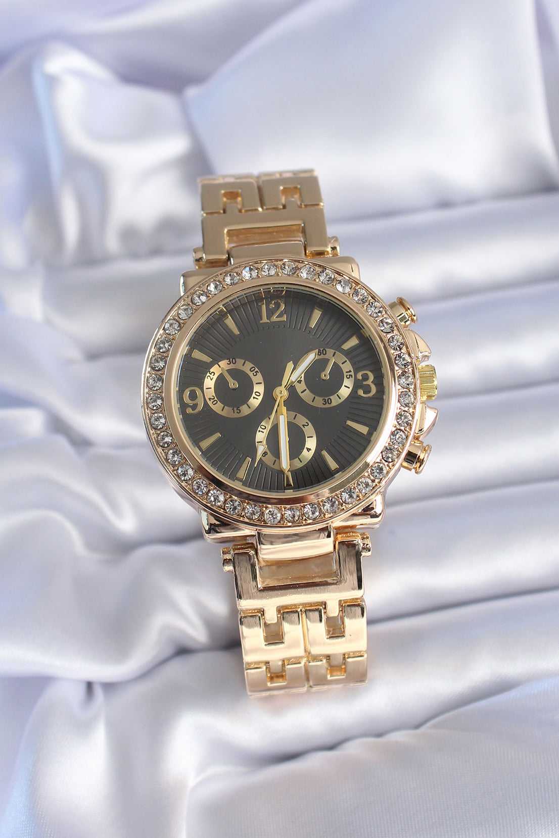 Gold Color Zircon Stone Case Black Dial Analog Metal Strap Women's Watch