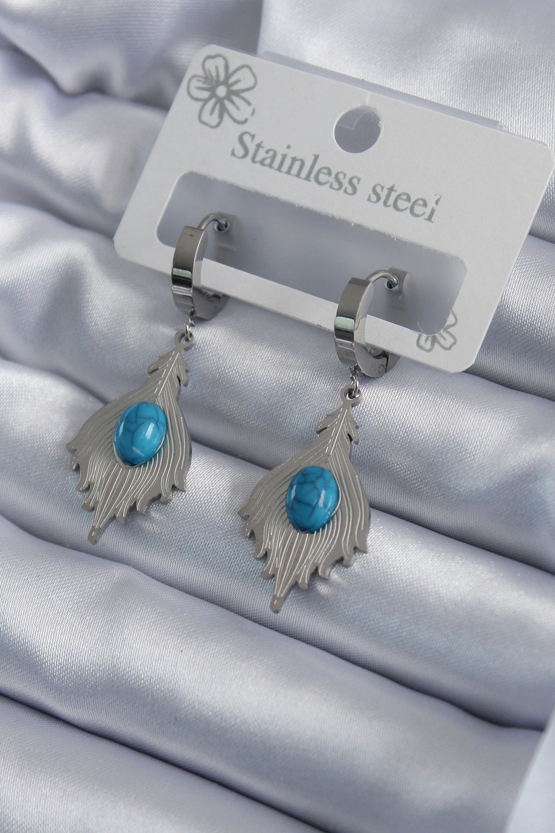 316L Steel Silver Color Blue Stone Embroidered Leaf Model Women's Earrings