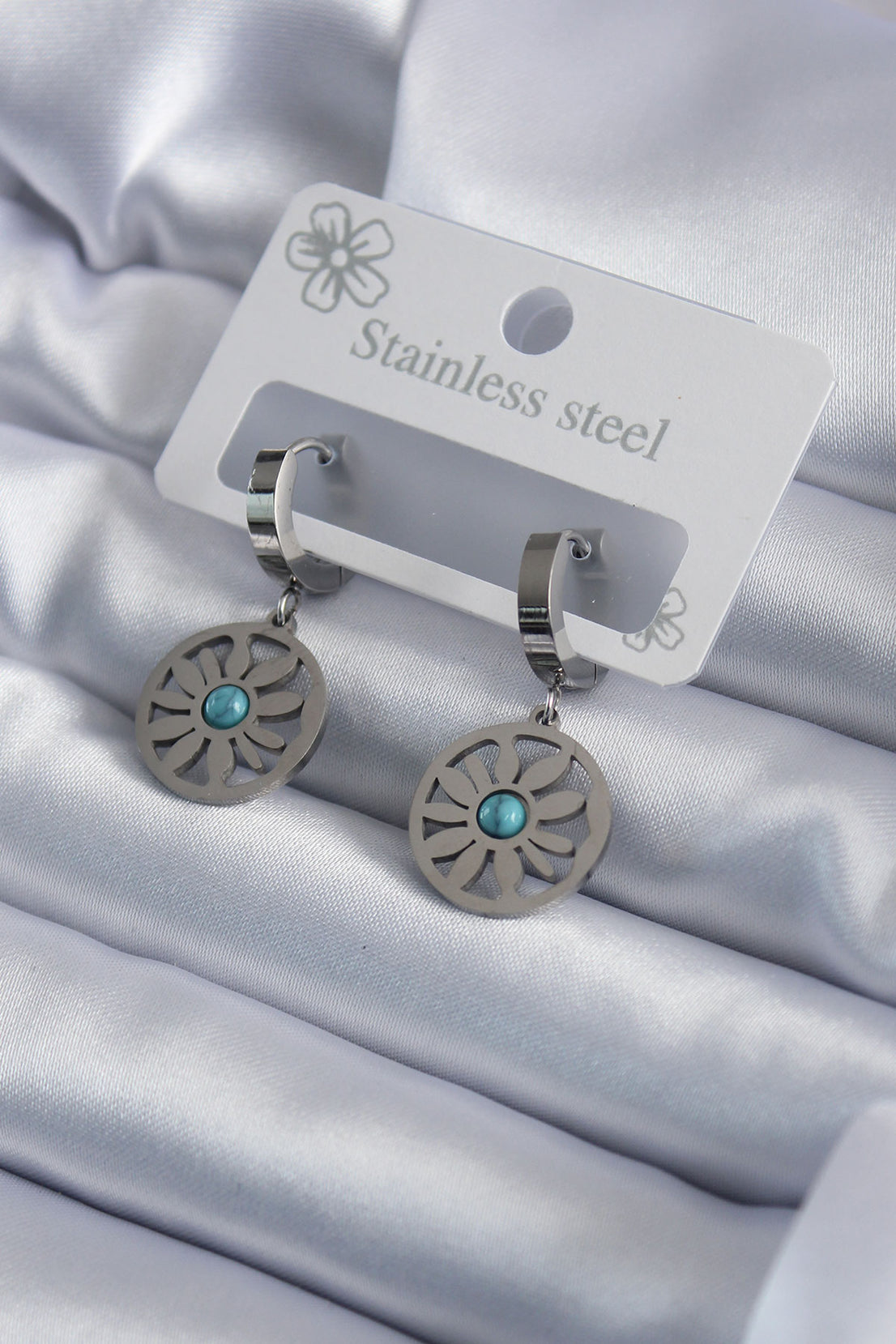 316L Steel Silver Color Daisy Model Blue Stone Detail Women's Earring