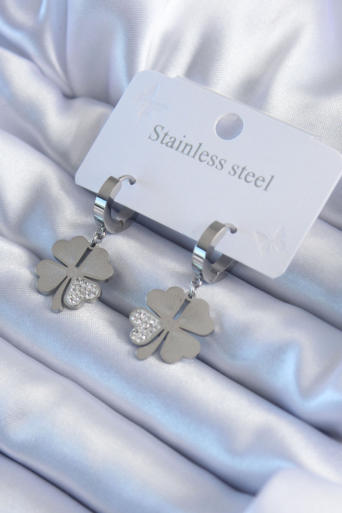 316L Steel Silver Color Clover Model Zircon Stone Detail Women's Earring