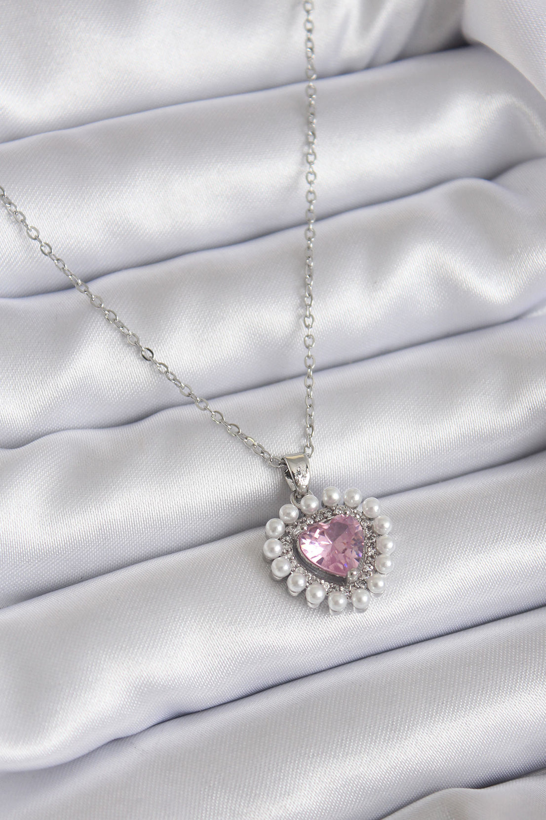 316L Steel Chain Silver Color Zircon Stone Heart Model Pearl Detail Women's Necklace