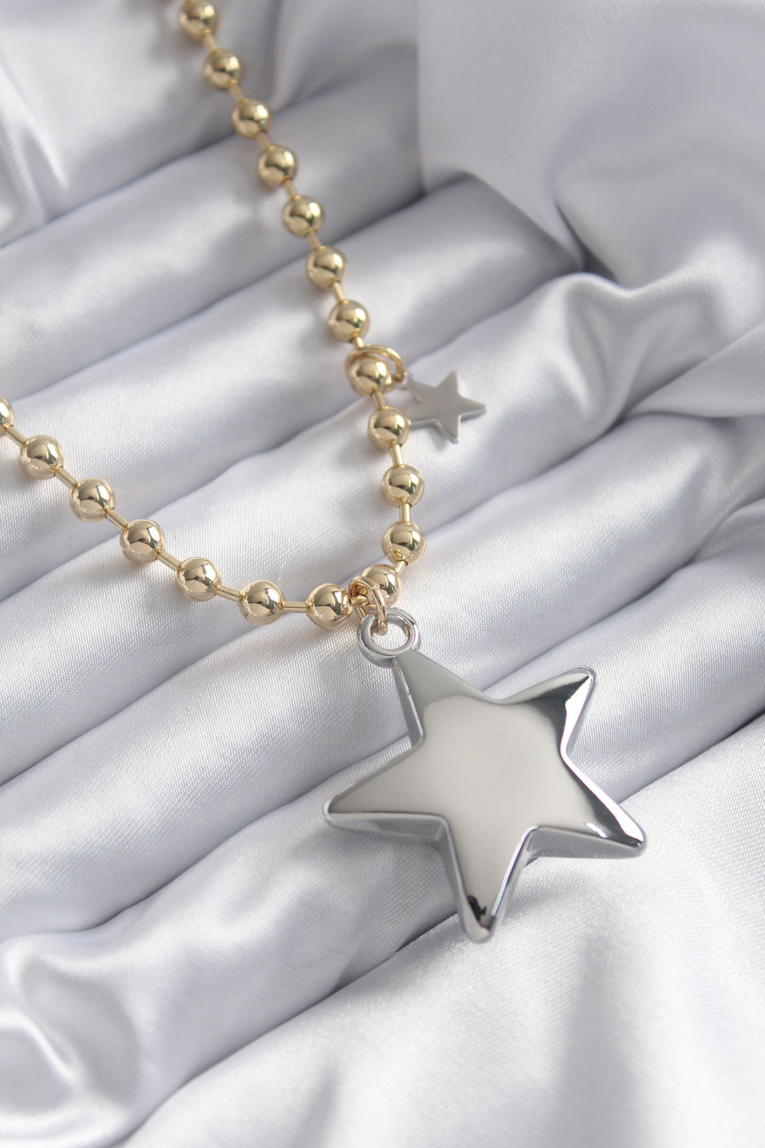 Brass Gold Color Ball Chain Silver 3D Star Model Star Detail VIP Women's Necklace